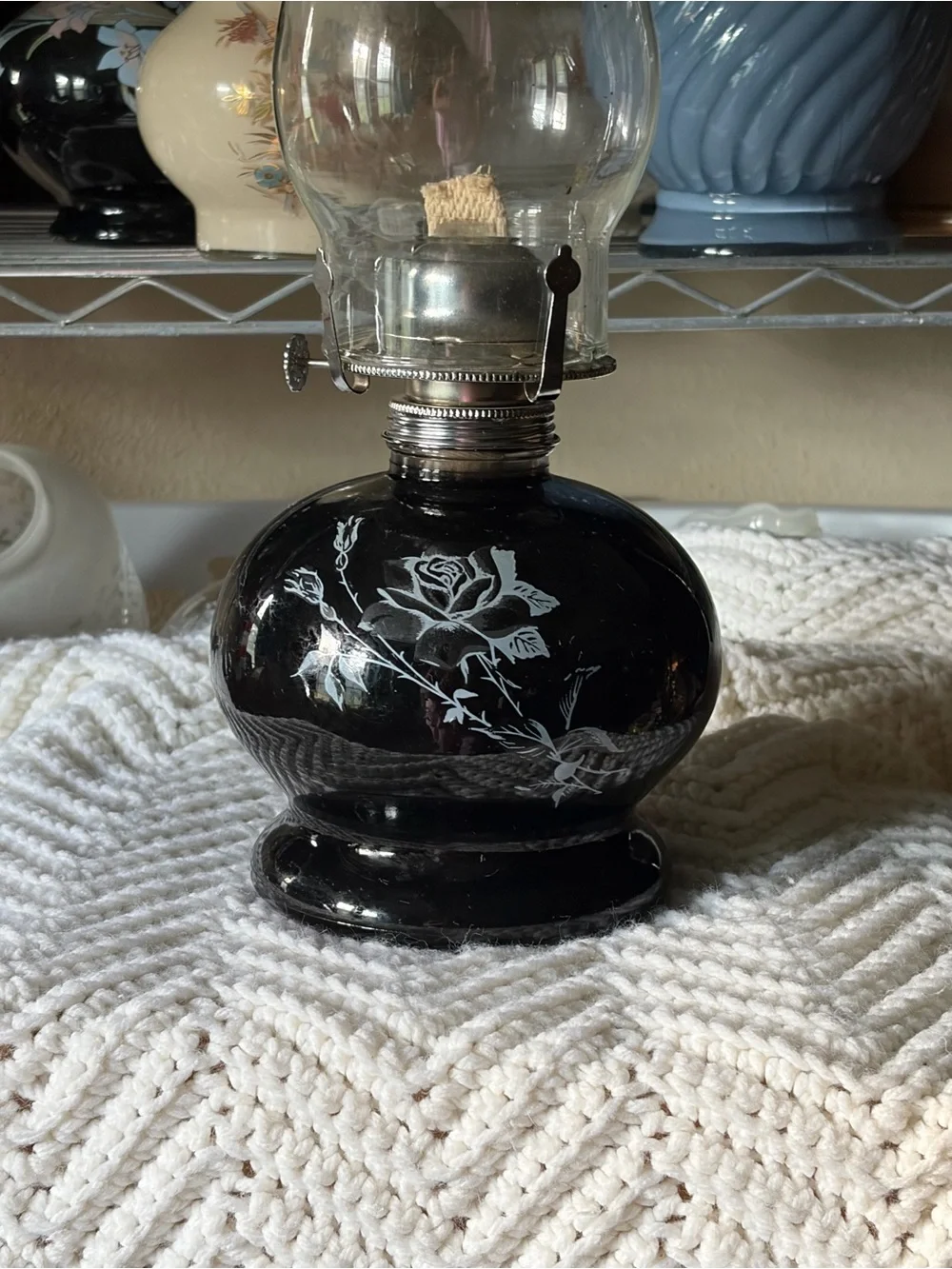Vintage Black Floral Glass Oil Lamp - Unbranded